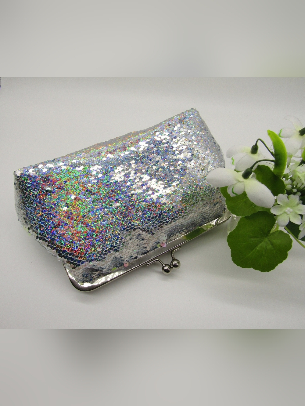 LOFT Silver Sequined Clutch with a Kiss-lock Closure